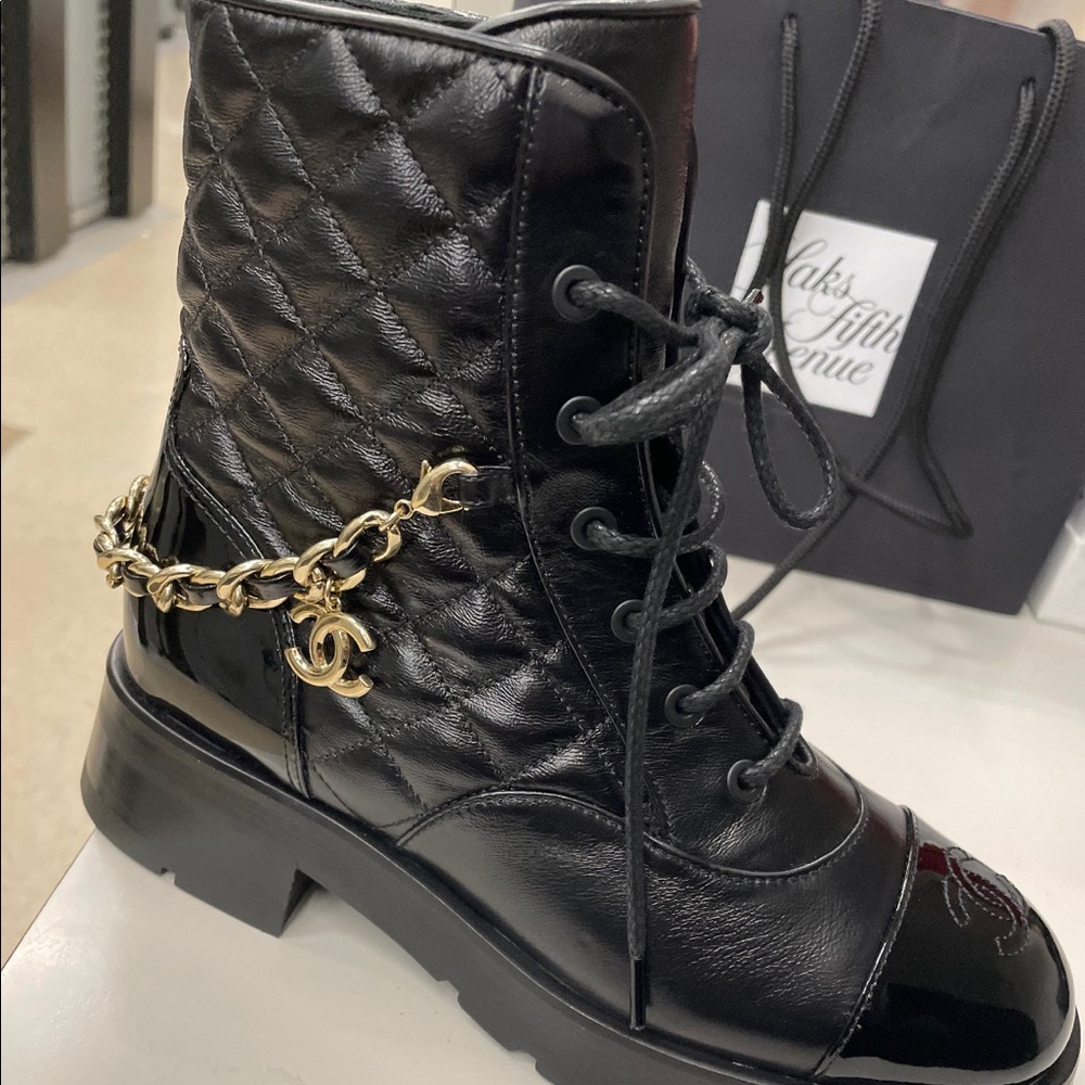 New Chanel Combat Boots - Black with Gold Chain - Picture 2 of 7